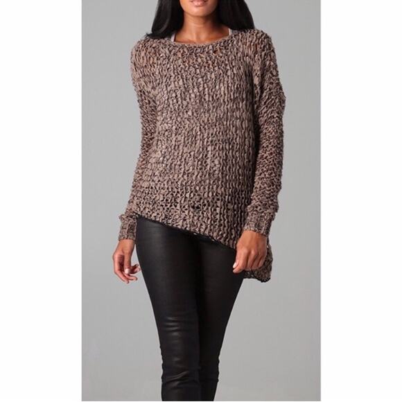 Helmut Lang tattered tape taupe asymmetrical alpaca wool blend sweater Medium - Picture 2 of 16